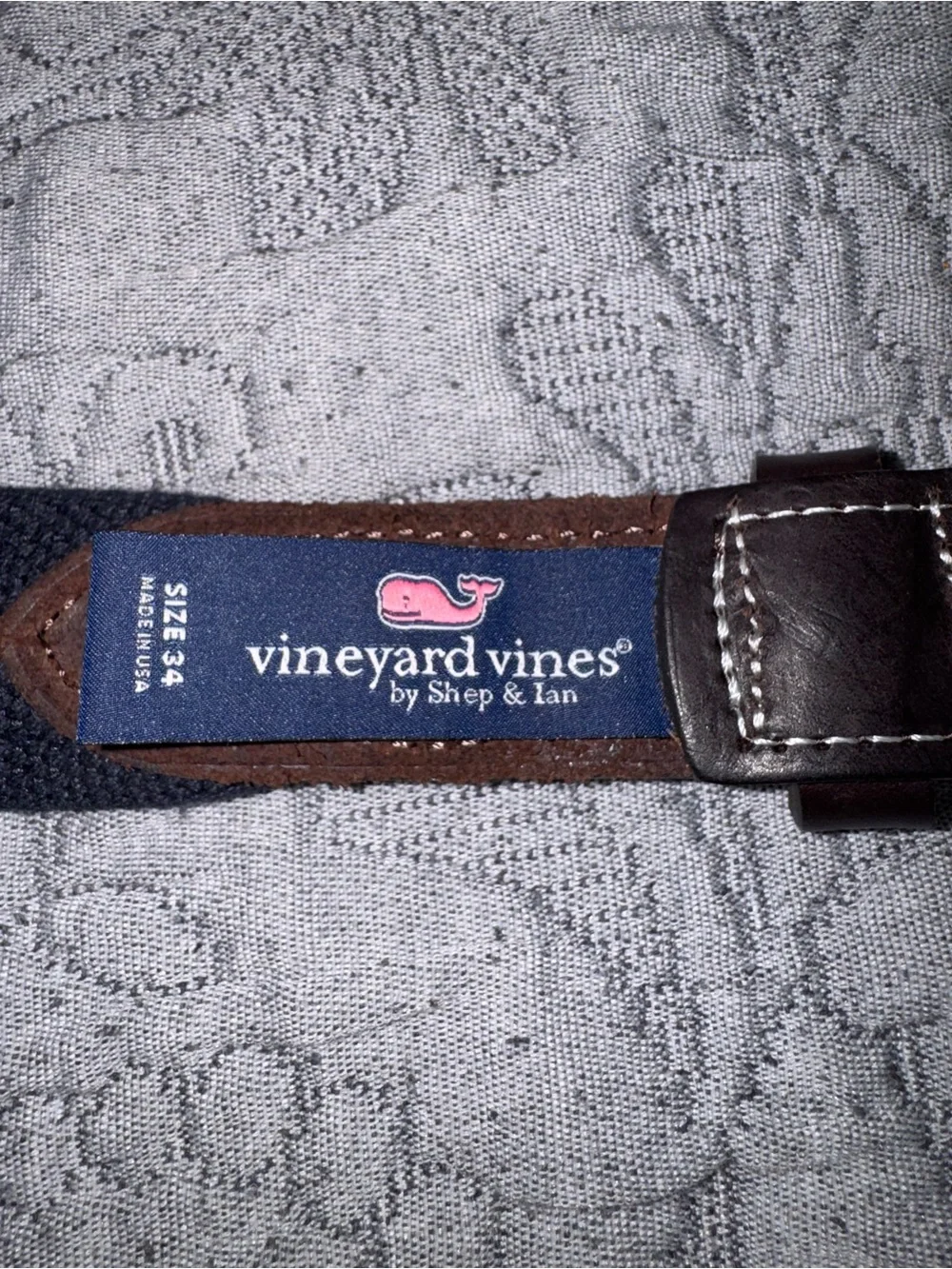 Vineyard Vines Great White Shark Fish Pattern  Belt Pink Blue 34 Leather Canvas